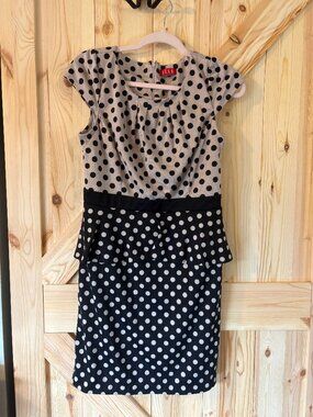 Elle Size 10 Polka Dot Dress Black White Peplum Fit & Flare Work Dress
